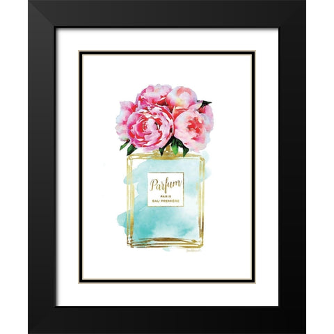 Parfume Teal with Peony Black Modern Wood Framed Art Print with Double Matting by Greenwood, Amanda
