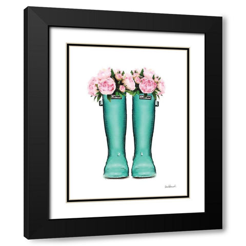 Teal Rain Boots with Peony Black Modern Wood Framed Art Print with Double Matting by Greenwood, Amanda