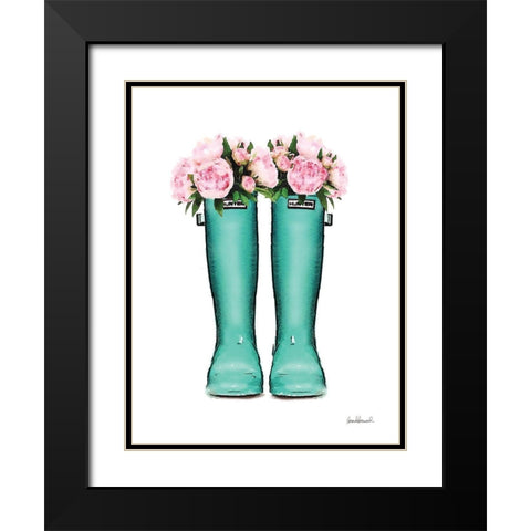 Teal Rain Boots with Peony Black Modern Wood Framed Art Print with Double Matting by Greenwood, Amanda