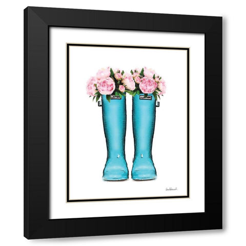 Blue Rain Boots with Peony Black Modern Wood Framed Art Print with Double Matting by Greenwood, Amanda