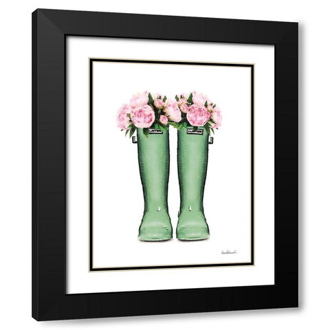 Green Rain Boots with Peony Black Modern Wood Framed Art Print with Double Matting by Greenwood, Amanda