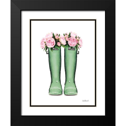 Green Rain Boots with Peony Black Modern Wood Framed Art Print with Double Matting by Greenwood, Amanda