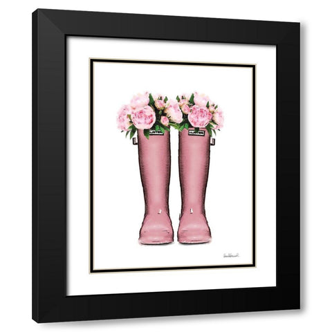 Pink Rain Boots with Peony Black Modern Wood Framed Art Print with Double Matting by Greenwood, Amanda