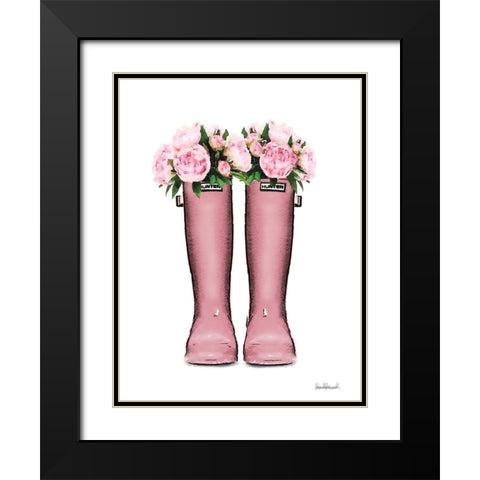 Pink Rain Boots with Peony Black Modern Wood Framed Art Print with Double Matting by Greenwood, Amanda