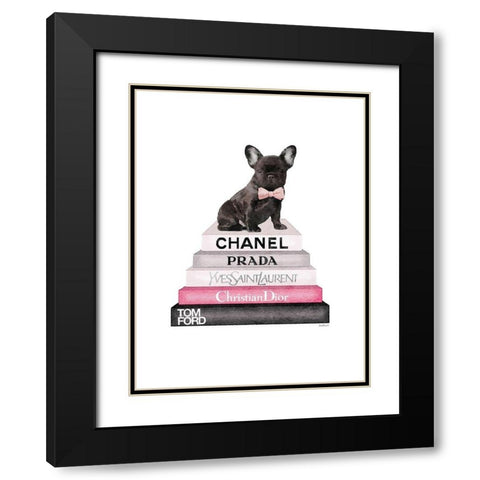 Pink Frenchie Bookstack Black Modern Wood Framed Art Print with Double Matting by Greenwood, Amanda