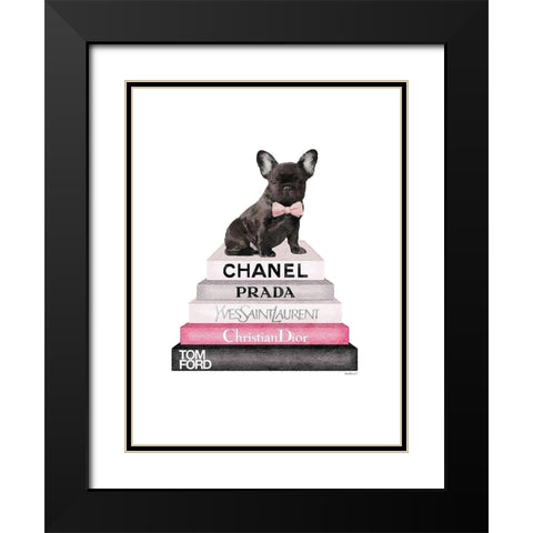Pink Frenchie Bookstack Black Modern Wood Framed Art Print with Double Matting by Greenwood, Amanda