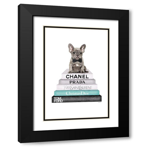 Teal Frenchie Bookstack Black Modern Wood Framed Art Print with Double Matting by Greenwood, Amanda