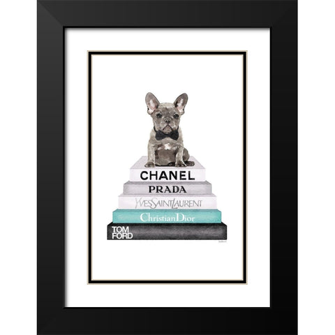 Teal Frenchie Bookstack Black Modern Wood Framed Art Print with Double Matting by Greenwood, Amanda