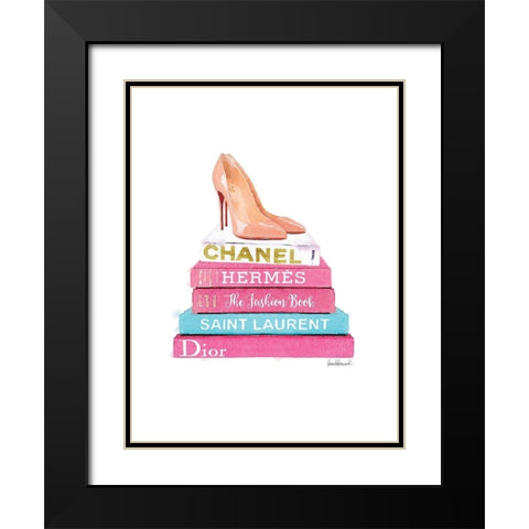 Pink Bookstack with shoes Black Modern Wood Framed Art Print with Double Matting by Greenwood, Amanda