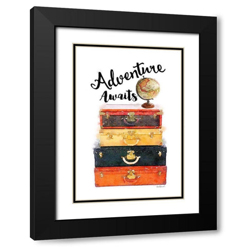 Adventure Awaits Luggage Black Modern Wood Framed Art Print with Double Matting by Greenwood, Amanda