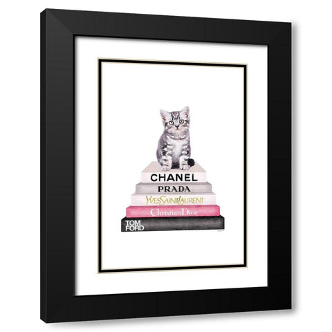 Kitten Bookstack Black Modern Wood Framed Art Print with Double Matting by Greenwood, Amanda