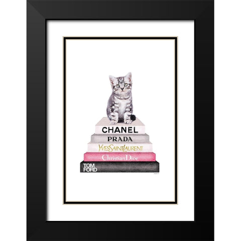 Kitten Bookstack Black Modern Wood Framed Art Print with Double Matting by Greenwood, Amanda