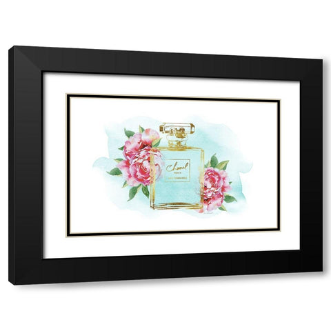 Gold Bottle with Peonies Teal Black Modern Wood Framed Art Print with Double Matting by Greenwood, Amanda