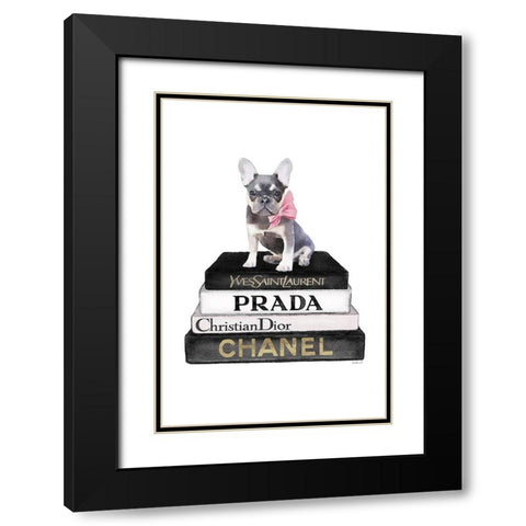Black Frenchie Bookstack Black Modern Wood Framed Art Print with Double Matting by Amanda Greenwood