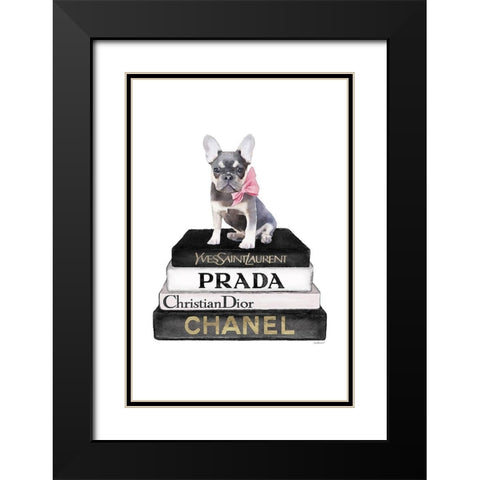 Black Frenchie Bookstack Black Modern Wood Framed Art Print with Double Matting by Amanda Greenwood