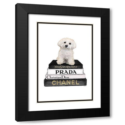 Bichon Frise Bookstack Black Modern Wood Framed Art Print with Double Matting by Amanda Greenwood