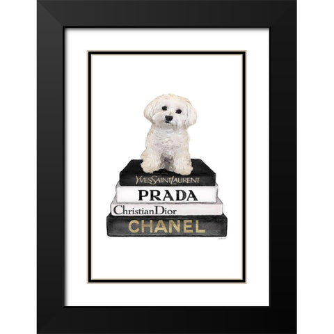 Bichon Frise Bookstack Black Modern Wood Framed Art Print with Double Matting by Amanda Greenwood
