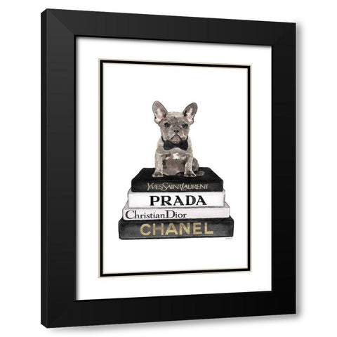 Black Frenchie Bookstack II Black Modern Wood Framed Art Print with Double Matting by Amanda Greenwood