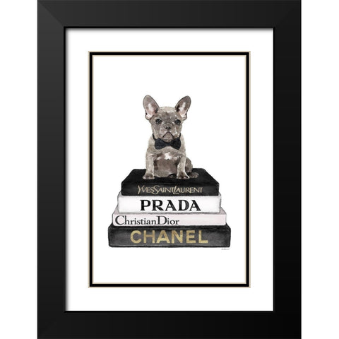 Black Frenchie Bookstack II Black Modern Wood Framed Art Print with Double Matting by Amanda Greenwood