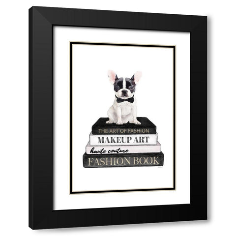 BandW Frenchie Bookstack Black Modern Wood Framed Art Print with Double Matting by Amanda Greenwood