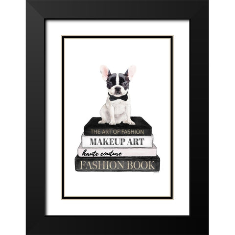 BandW Frenchie Bookstack Black Modern Wood Framed Art Print with Double Matting by Amanda Greenwood
