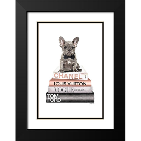 Rose Gold Frenchie Bookstack Black Modern Wood Framed Art Print with Double Matting by Amanda Greenwood