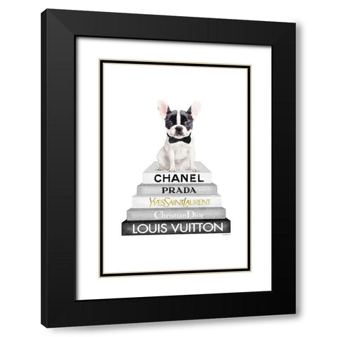 Frenchie Bookstack V Black Modern Wood Framed Art Print with Double Matting by Amanda Greenwood