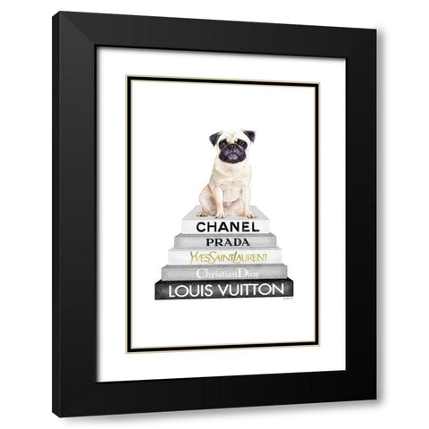 Pug Bookstack Black Modern Wood Framed Art Print with Double Matting by Amanda Greenwood