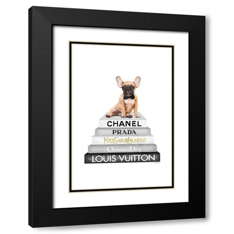 Fawn Frenchie Bookstack Black Modern Wood Framed Art Print with Double Matting by Amanda Greenwood