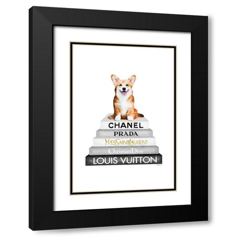 Corgi Bookstack Black Modern Wood Framed Art Print with Double Matting by Amanda Greenwood