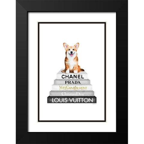 Corgi Bookstack Black Modern Wood Framed Art Print with Double Matting by Amanda Greenwood