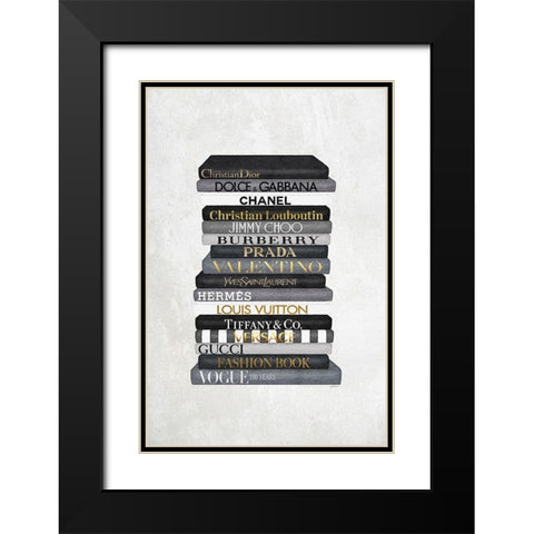 Black and White Bookstack Black Modern Wood Framed Art Print with Double Matting by Amanda Greenwood