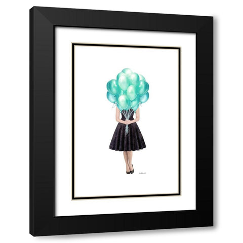 Teal Balloon Girl Black Modern Wood Framed Art Print with Double Matting by Amanda Greenwood