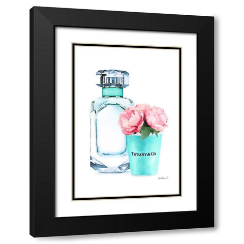 Teal Bottle with roses Black Modern Wood Framed Art Print with Double Matting by Greenwood, Amanda
