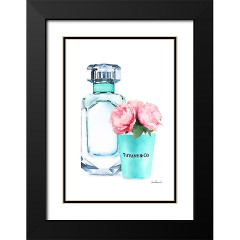 Teal Bottle with roses Black Modern Wood Framed Art Print with Double Matting by Greenwood, Amanda