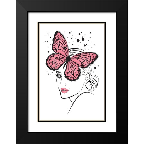 Lady Butterfly Pink Black Modern Wood Framed Art Print with Double Matting by Pavlova, Martina