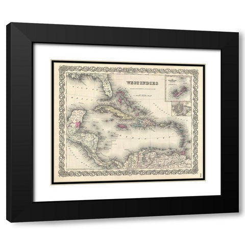 1855 Colton Map of the West Indies Black Modern Wood Framed Art Print with Double Matting by Colton