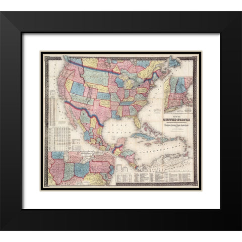 1861 Map of US and North America Black Modern Wood Framed Art Print with Double Matting by Goldthwait