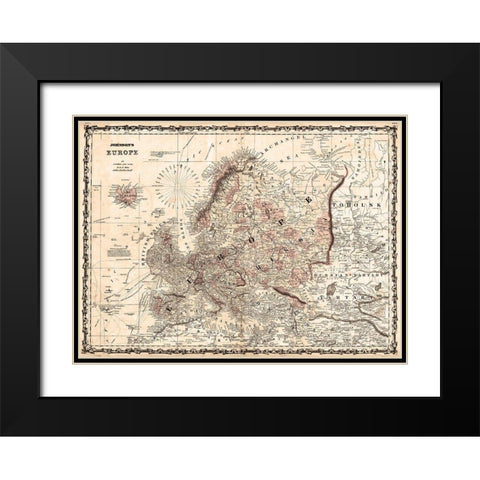 1862 Johnson Vintage Map of Europe Black Modern Wood Framed Art Print with Double Matting by Johnson