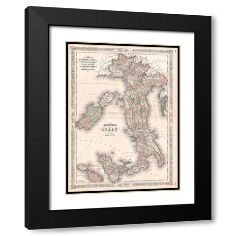 1866 Johnson Map of Italy Black Modern Wood Framed Art Print with Double Matting by Johnson