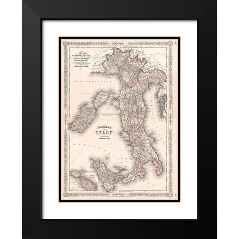 1866 Johnson Map of Italy Black Modern Wood Framed Art Print with Double Matting by Johnson