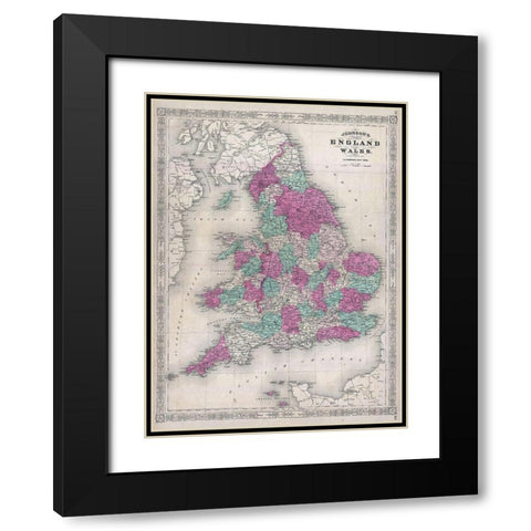 1867 Johnson Map of England and Wales Black Modern Wood Framed Art Print with Double Matting by Johnson