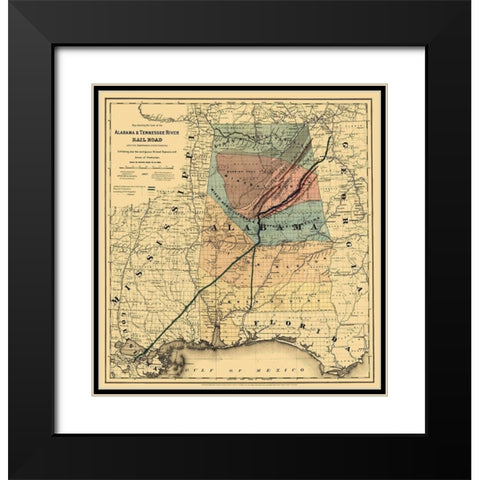 Alabama and Tennessee River Railroad - Colton 1867  Black Modern Wood Framed Art Print with Double Matting by Colton