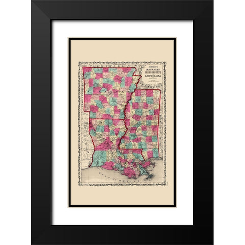Arkansas, Mississippi, Louisiana - Johnson 1860 Black Modern Wood Framed Art Print with Double Matting by Johnson
