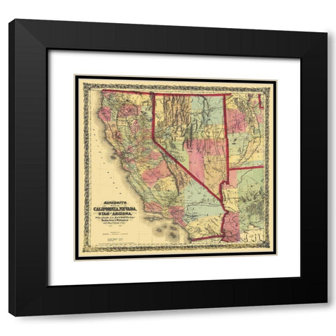 California, Nevada, Utah, Arizona - Bancroft 1873 Black Modern Wood Framed Art Print with Double Matting by Bancroft