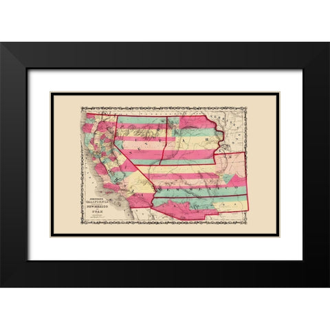 California, New Mexico, Utah - Johnson 1860 Black Modern Wood Framed Art Print with Double Matting by Johnson