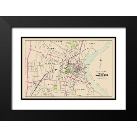 Hartford Connecticut Central Part - Hurd 1893 Black Modern Wood Framed Art Print with Double Matting by Hurd