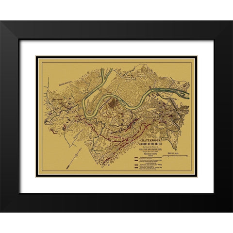 Chattanooga Chart of Battle Tennessee - Sneden Black Modern Wood Framed Art Print with Double Matting by Sneden