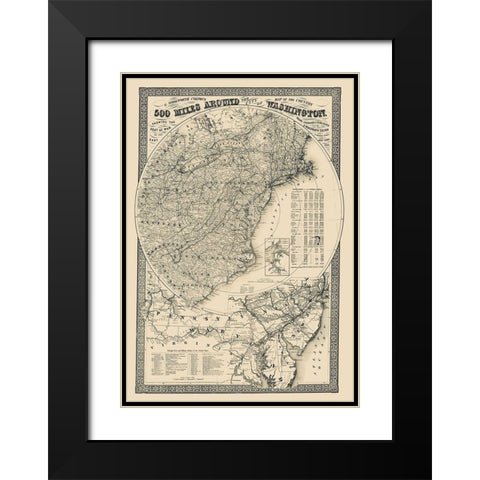 500 Miles Around the City of Washington Black Modern Wood Framed Art Print with Double Matting by Colton