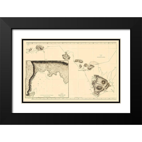 Sandwich Islands or Hawaii - Bonne 1785 Black Modern Wood Framed Art Print with Double Matting by Bonne